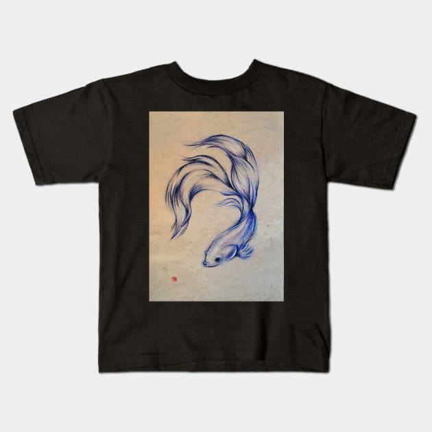 Blue Angel - Siamese Fighting Fish Oil pastel on Paper Drawing Kids T-Shirt by tranquilwaters